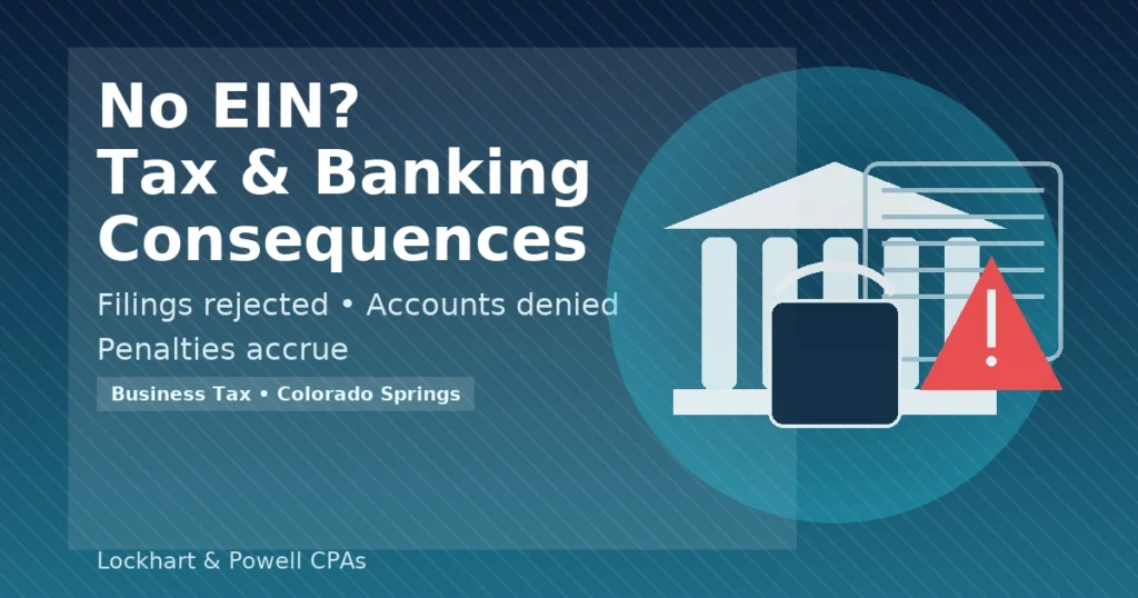 Bank building with padlock and red warning icon illustrating how lacking an EIN leads to rejected business tax filings and denied bank accounts.
