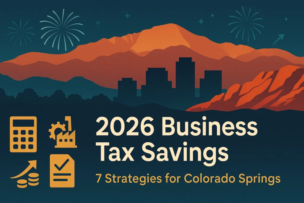 Colorado Springs skyline and Pikes Peak with fireworks — 2026 business tax savings from the One Big Beautiful Bill Act (Colorado Springs CPAs)