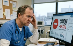 Colorado doctor in a medical office reviewing declining practice revenue on a computer screen, illustrating missed tax deductions and tax-planning opportunities for physicians in Colorado.