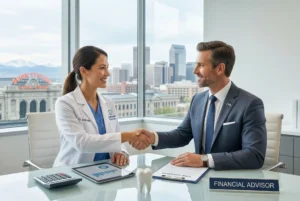 Denver dentist shaking hands with a CPA in a modern office, representing tax planning, deductions, and financial strategy for Colorado dental practices.