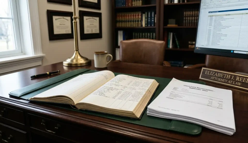 Law firm office desk with trust ledger book, client fund reconciliation documents, and legal research screen, illustrating Colorado IOLTA trust accounting and attorney client fund compliance.