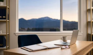 Modern office desk with laptop, planner, coffee mug, and glasses in front of a mountain view window, representing a professional Colorado Springs CPA or consulting office.